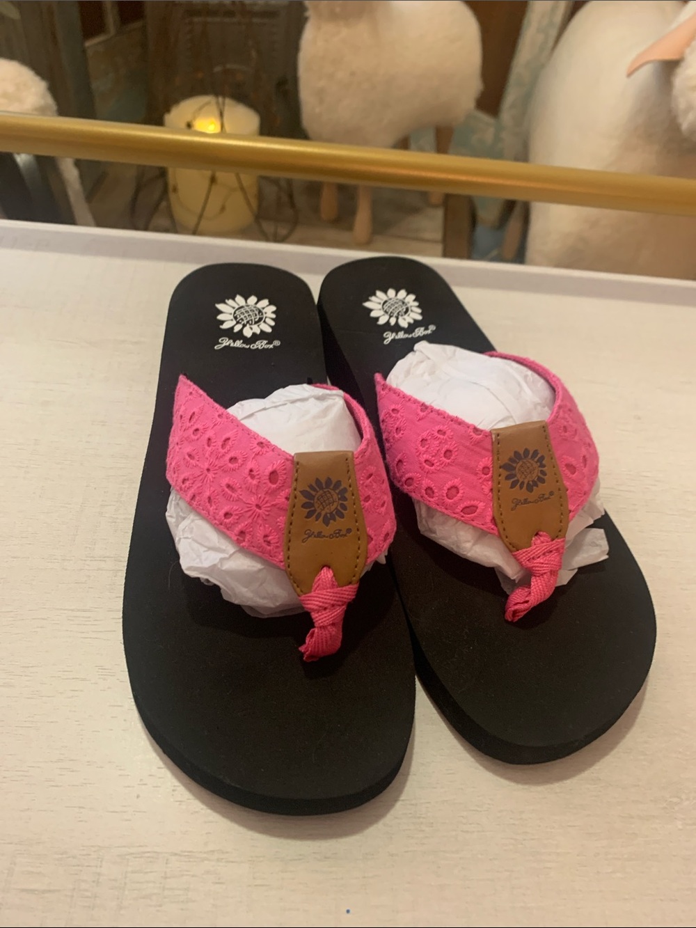 Yellow Box Pink Eyelet Thong Sandals on Black Footbed